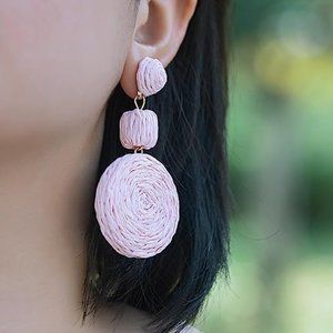 Chunky Petal Pink Raffia Earrings Wicker Bold Retro Statement Dangle 80s 90s New